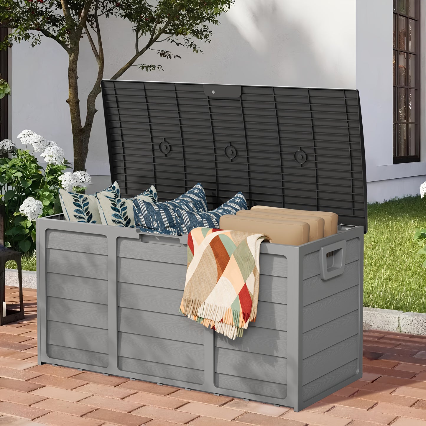 75 Gallon Resin Outdoor Storage Box With Handles Deck Box