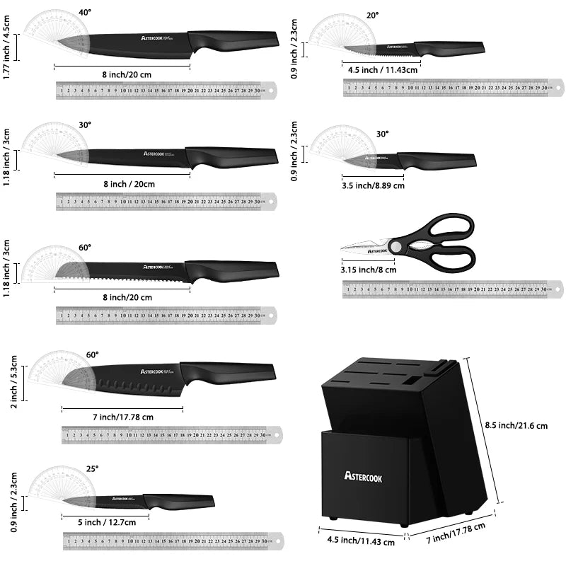 Astercook Kitchen Knife Set with Built in Sharpener Block Dishwasher Safe 15 Pieces German Stainless Steel Knife Block Set