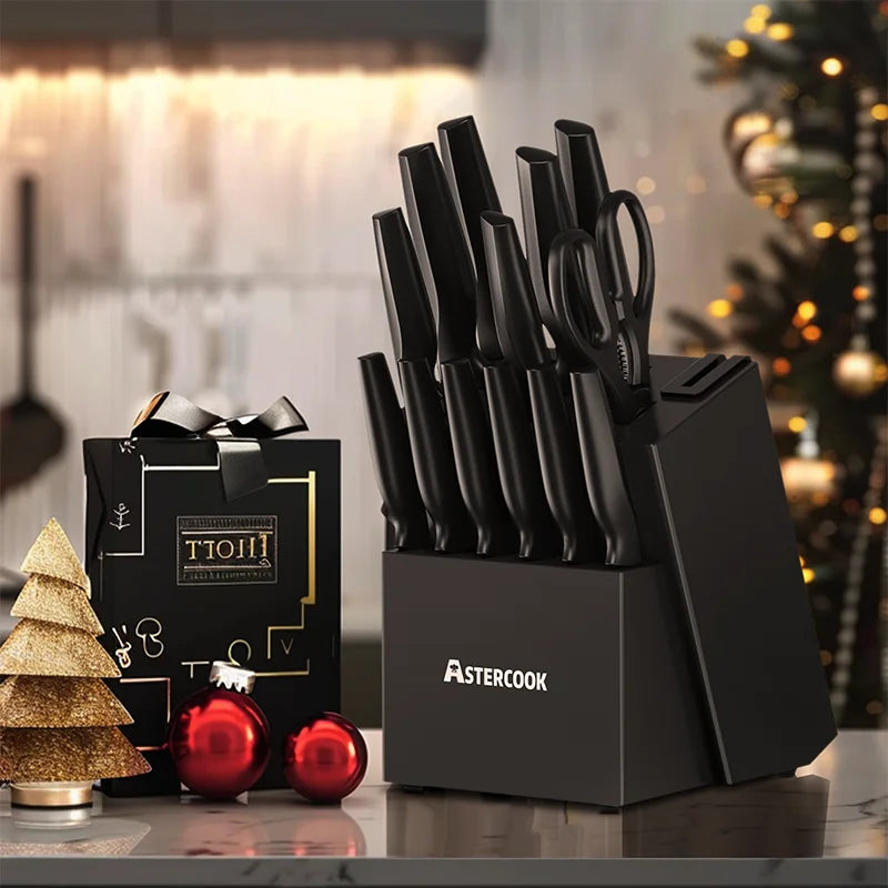 Astercook Kitchen Knife Set with Built in Sharpener Block Dishwasher Safe 15 Pieces German Stainless Steel Knife Block Set