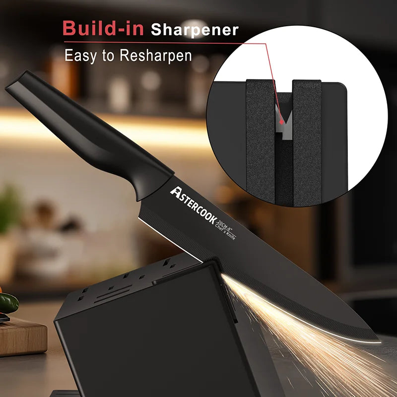 Astercook Kitchen Knife Set with Built in Sharpener Block Dishwasher Safe 15 Pieces German Stainless Steel Knife Block Set