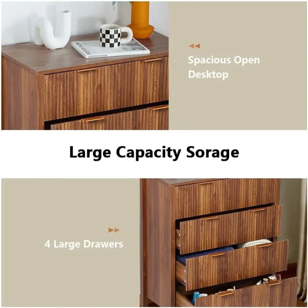 Mid-Century 4 Drawers Bedside Nightstand in Walnut Finish
