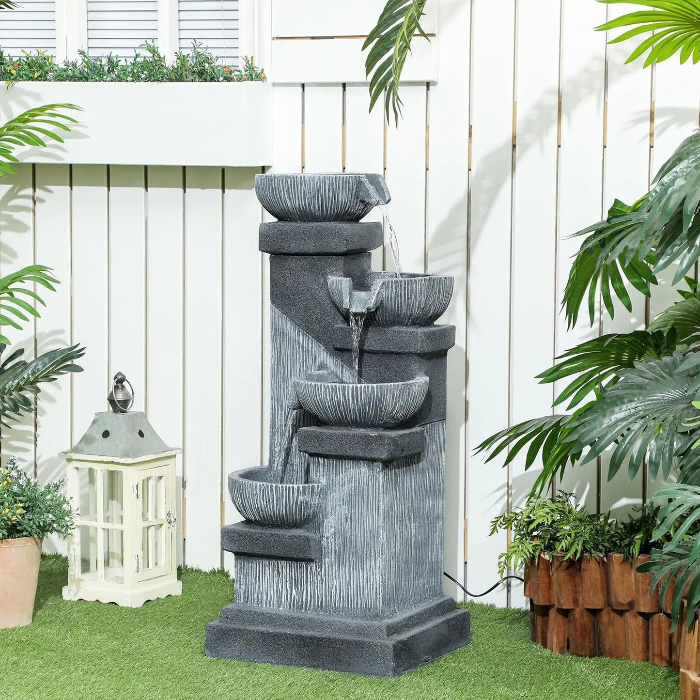 33.5 Inch Tall Outdoor Water Fountain 4 Tier Floor Standing Resin Cascading Bowls Waterfall Fountain with LED Lights and Pump for Garden Patio Backyard