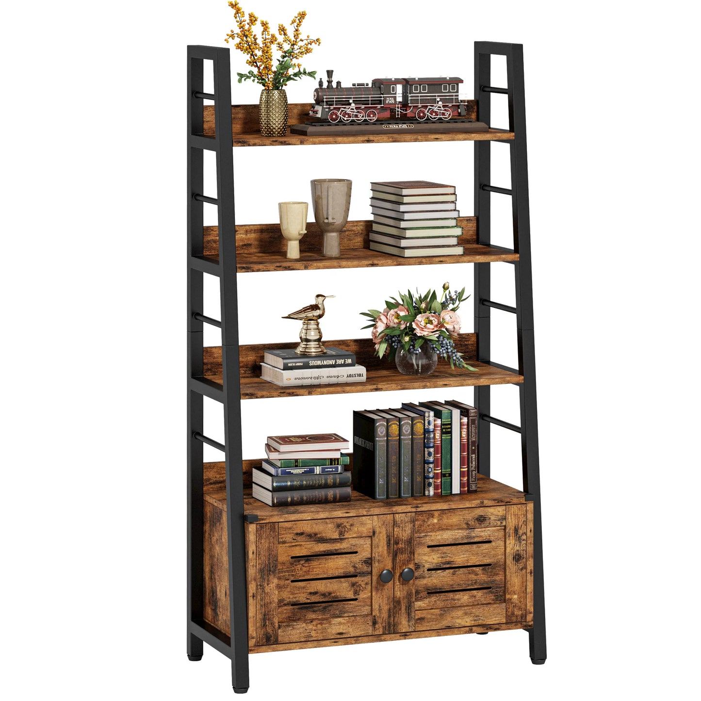 Bookshelf with Louvered Doors, 3-Tier Ladder Shelf