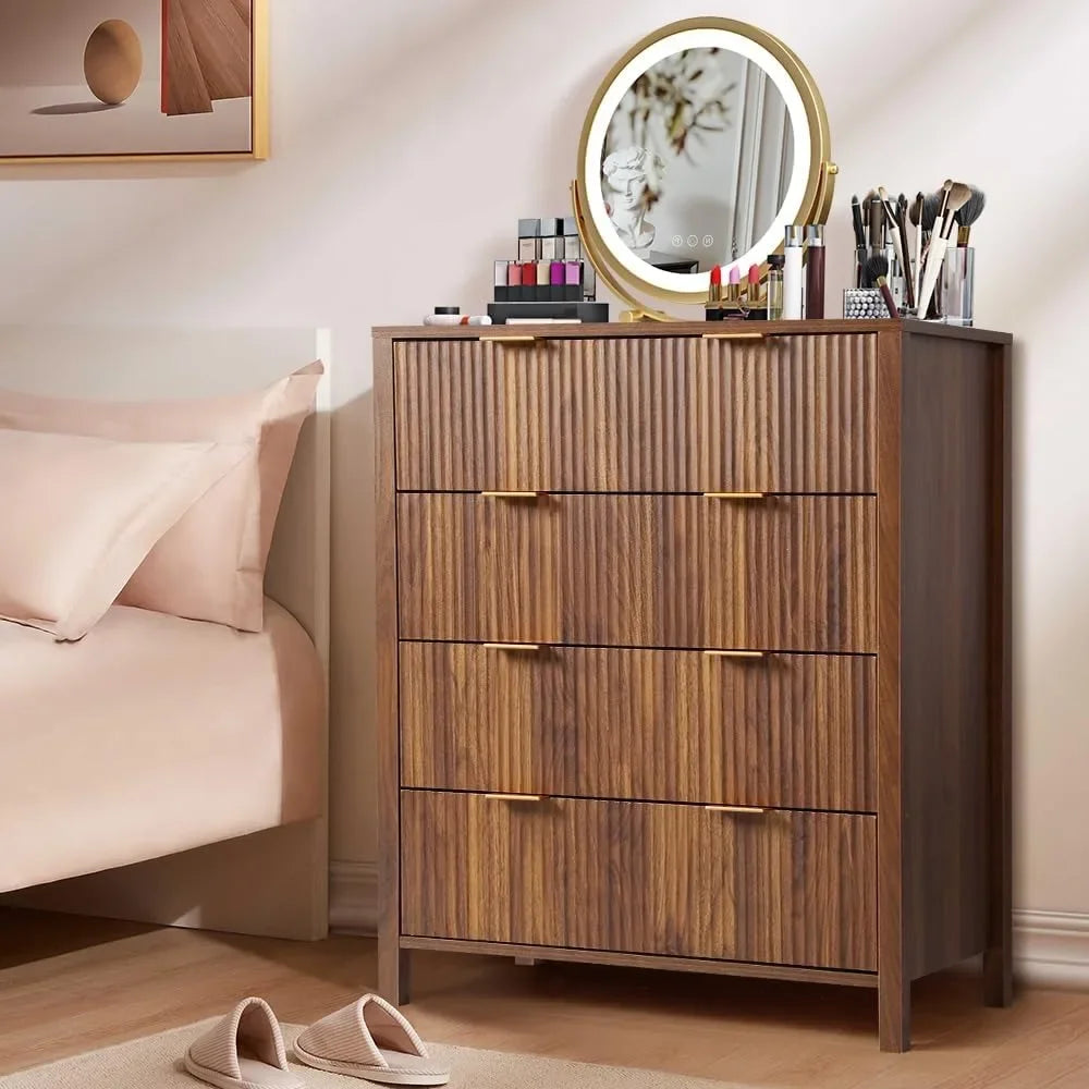 Mid-Century 4 Drawers Bedside Nightstand in Walnut Finish
