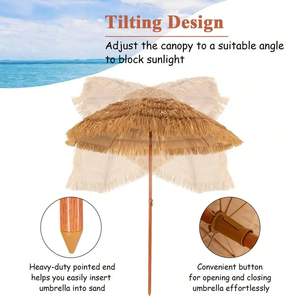 6.5 FT Thatched Beach Umbrella Tilt Tiki Hawaiian Portable
