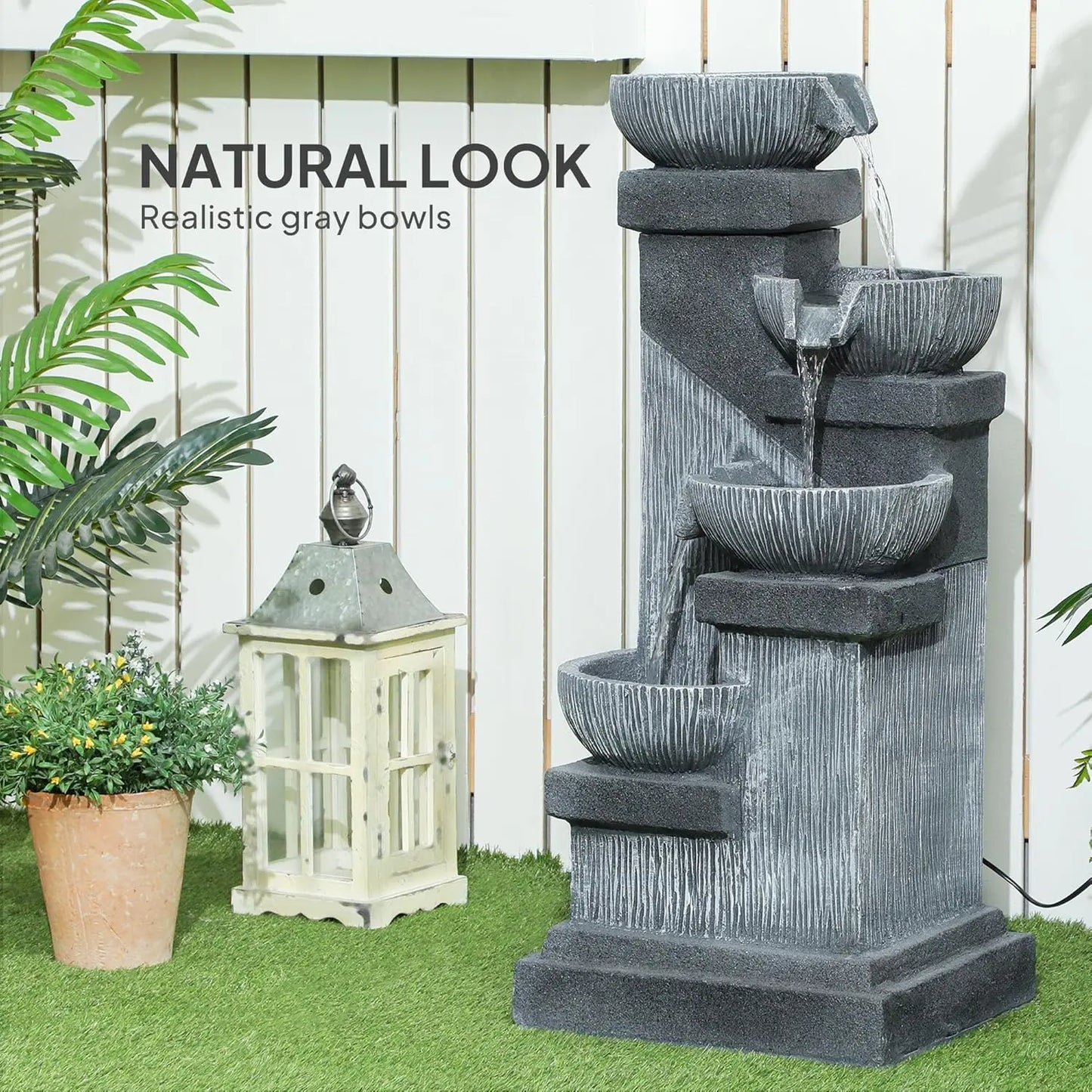 33.5 Inch Tall Outdoor Water Fountain 4 Tier Floor Standing Resin Cascading Bowls Waterfall Fountain with LED Lights and Pump for Garden Patio Backyard
