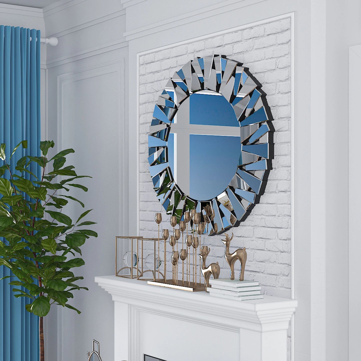 32 Inch Decorative Round Wall Mirror, Sunburst Modern Silver