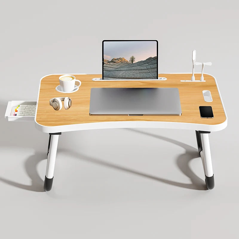 Portable Laptop Desk with USB Light Small Fan Cup Holder Tablet Slot and Lifting Handle