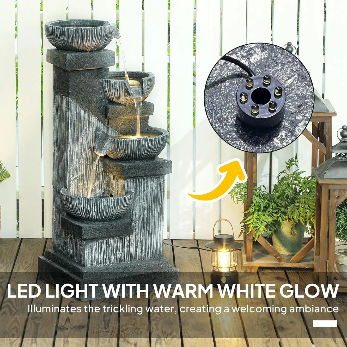 33.5 Inch Tall Outdoor Water Fountain 4 Tier Floor Standing Resin Cascading Bowls Waterfall Fountain with LED Lights and Pump for Garden Patio Backyard
