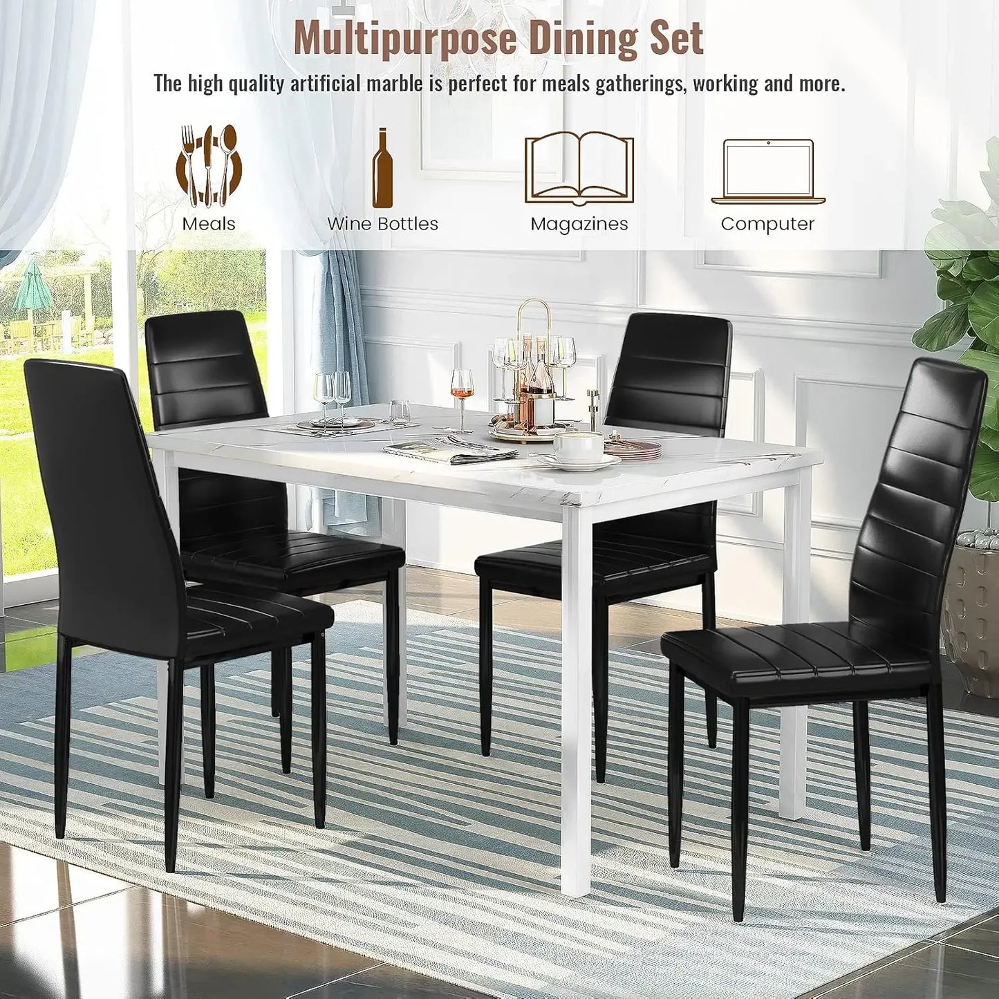5 Piece Dining Table Set for 4 with Faux Marble Top and Leather Upholstered Chairs