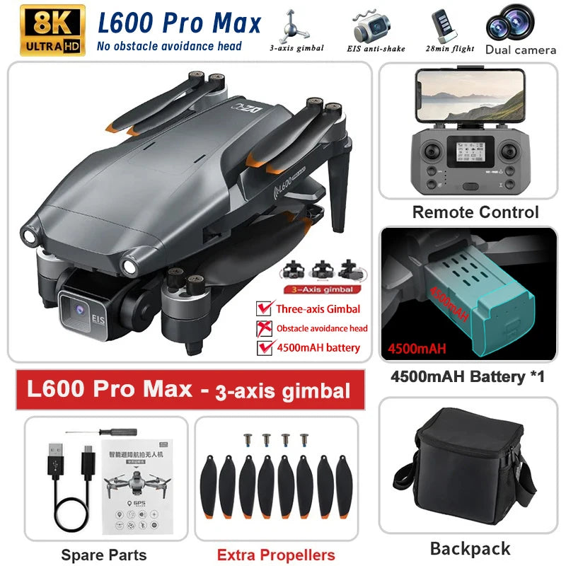 L600 PRO MAX Drone 4K Professional 3-Axis Gimbal HD Dual Camera 360° Obstacle Avoidance Brushless
