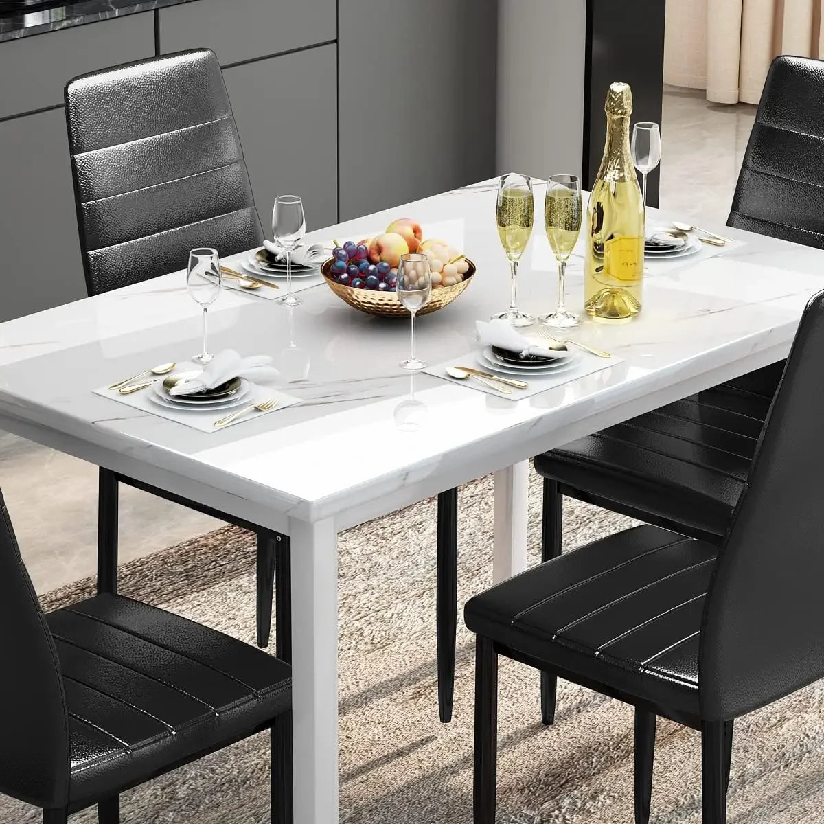 5 Piece Dining Table Set for 4 with Faux Marble Top and Leather Upholstered Chairs