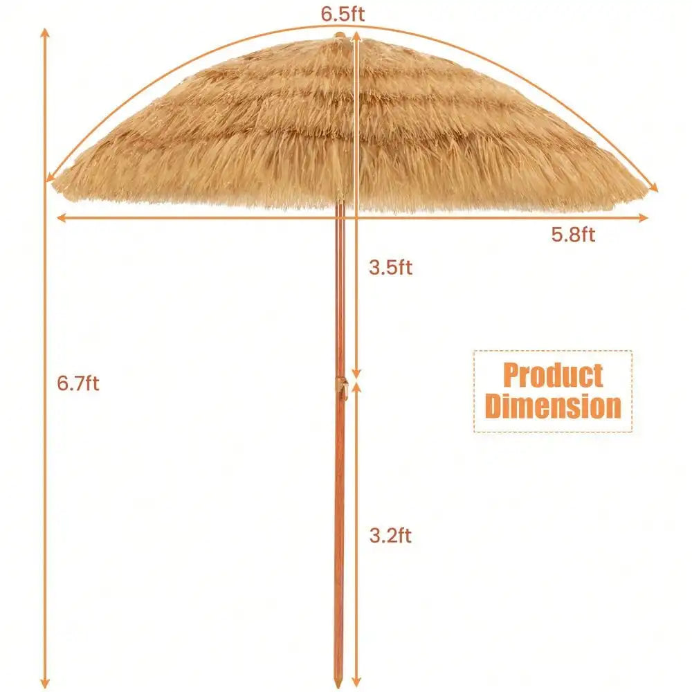 6.5 FT Thatched Beach Umbrella Tilt Tiki Hawaiian Portable