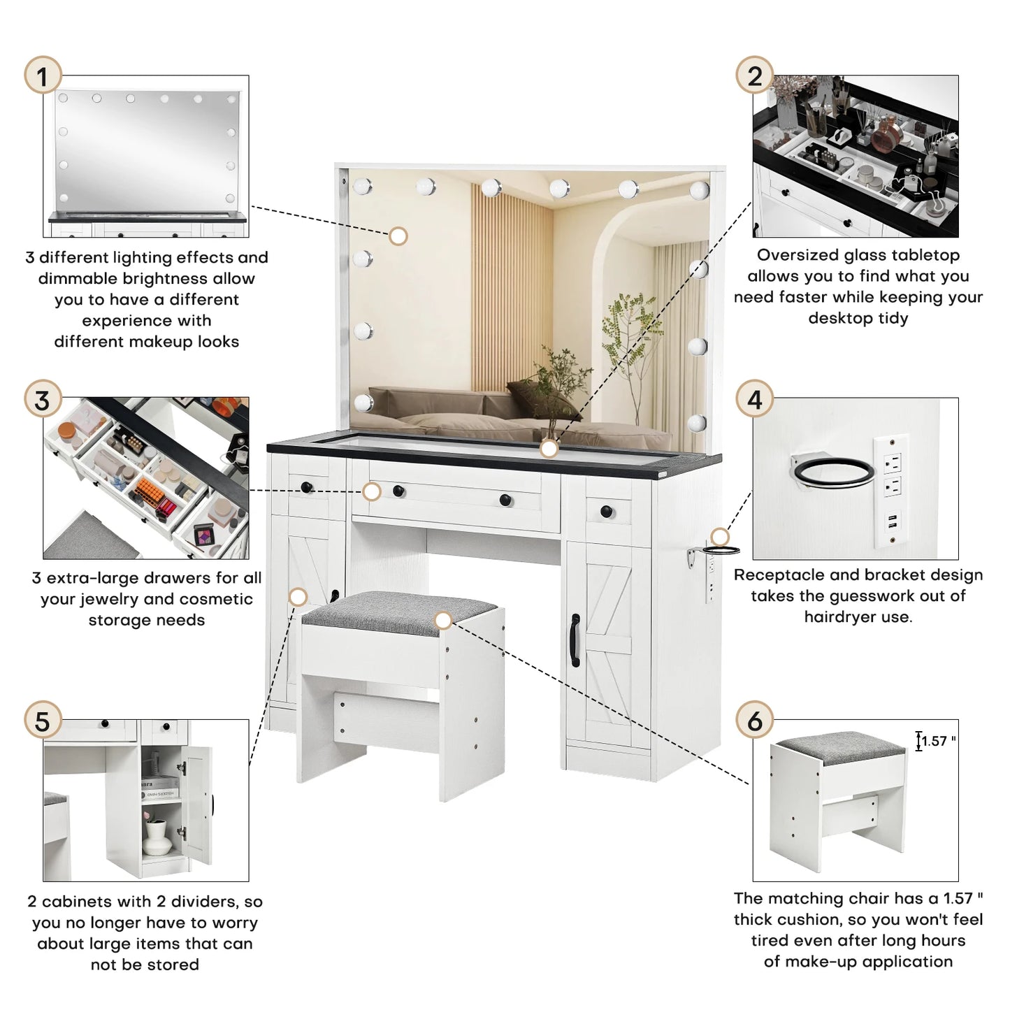 Farmhouse Vanity Desk w/ Lighted Mirror, 3 Drawers & Cabinets
