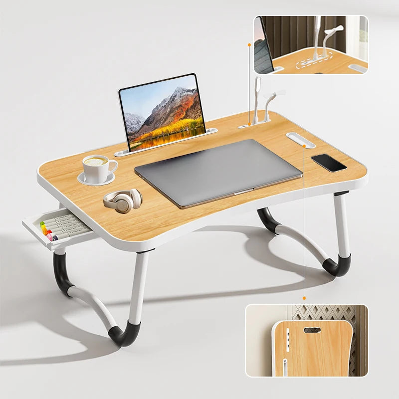 Portable Laptop Desk with USB Light Small Fan Cup Holder Tablet Slot and Lifting Handle