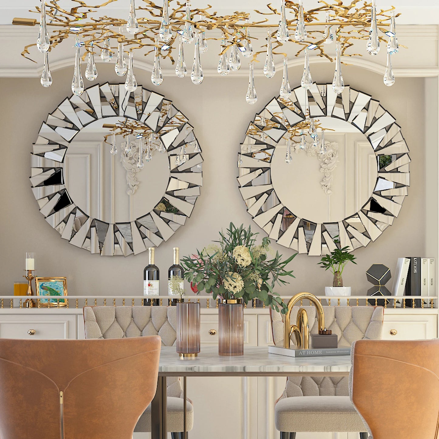 32 Inch Decorative Round Wall Mirror, Sunburst Modern Silver