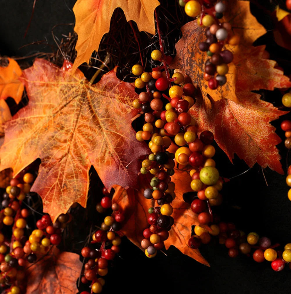 Artificial Berries Maple Leaf Garland Wreath Hanging Decor for Christmas and Thanksgiving Celebrations