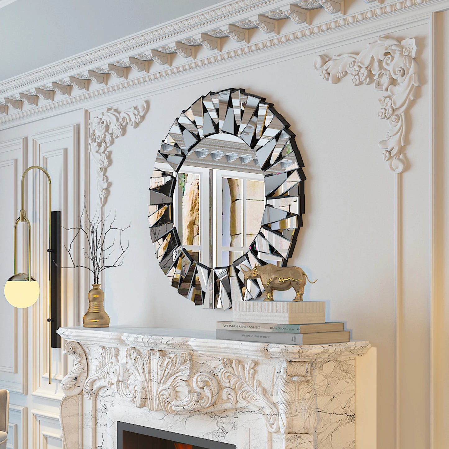 32 Inch Decorative Round Wall Mirror, Sunburst Modern Silver