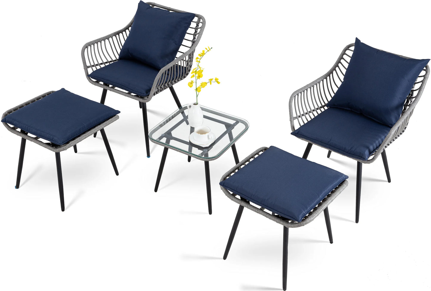 5 Piece Patio Bistro Outdoor Wicker Set With Ottoman Table