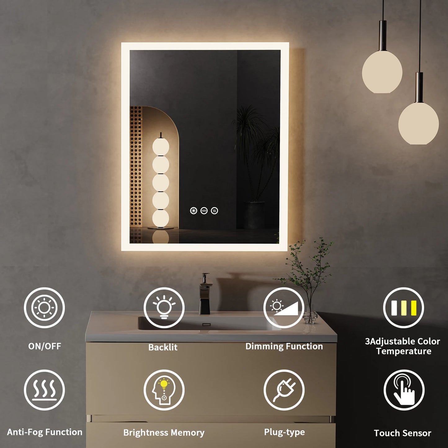 16x20 Inch LED Lighted Bathroom Mirror with Anti-Fog Feature