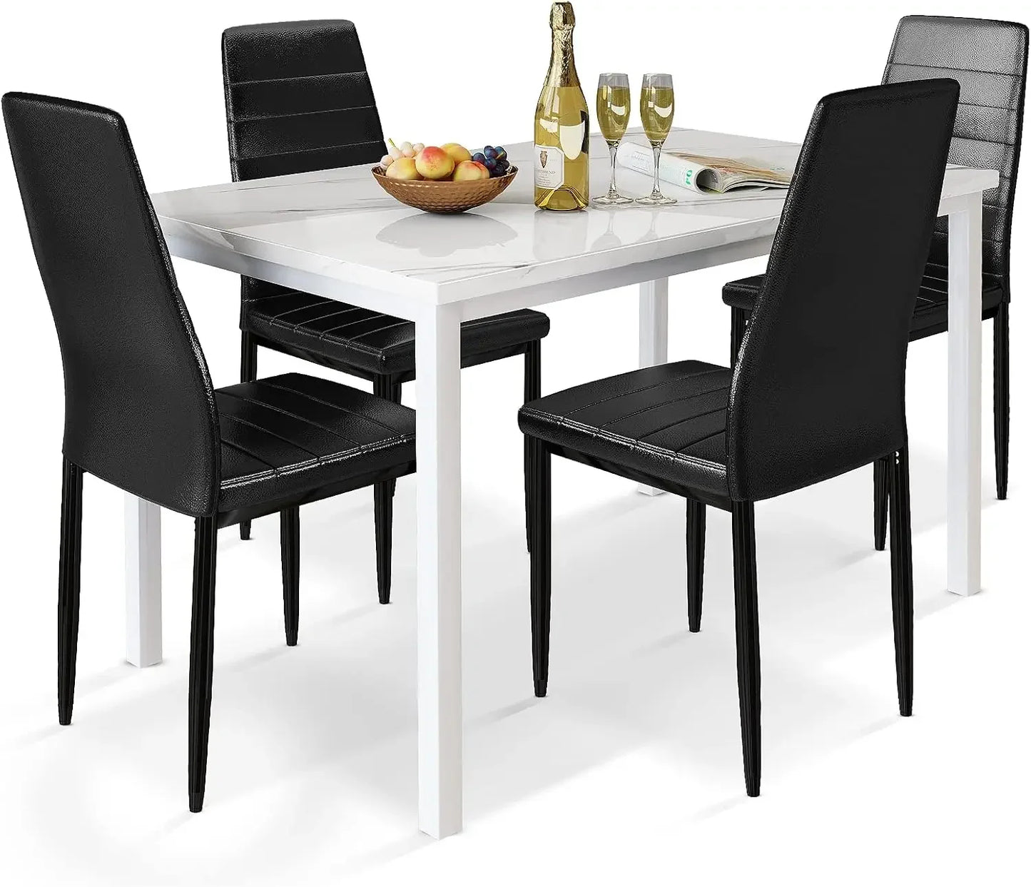 5 Piece Dining Table Set for 4 with Faux Marble Top and Leather Upholstered Chairs