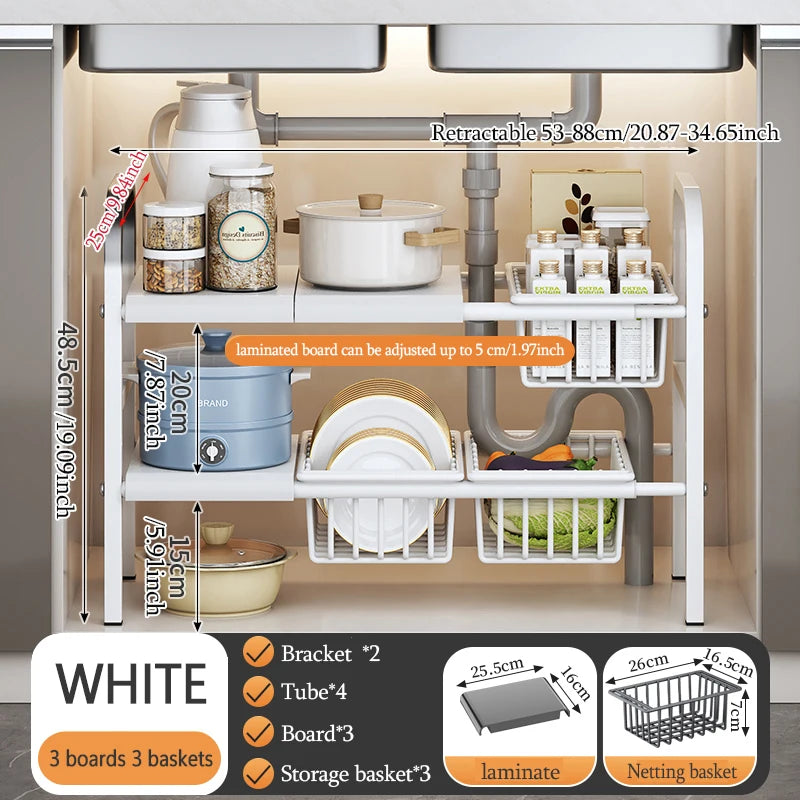1 Set Multi Use Kitchen Under Bathroom Sink Organizers Expandable Cabinet Shelf Organizer Storage Rack With Removable Baskets