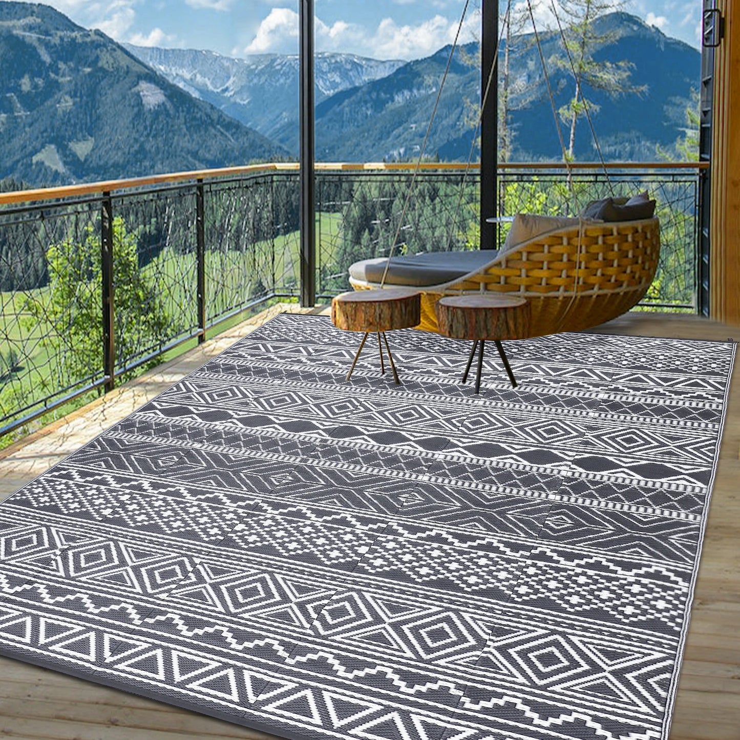 Outdoor Rug 5x8 Waterproof Reversible Patio Rug Plastic RV Rug Boho Camping Rug for Camper Porch Balcony Backyard Picnic