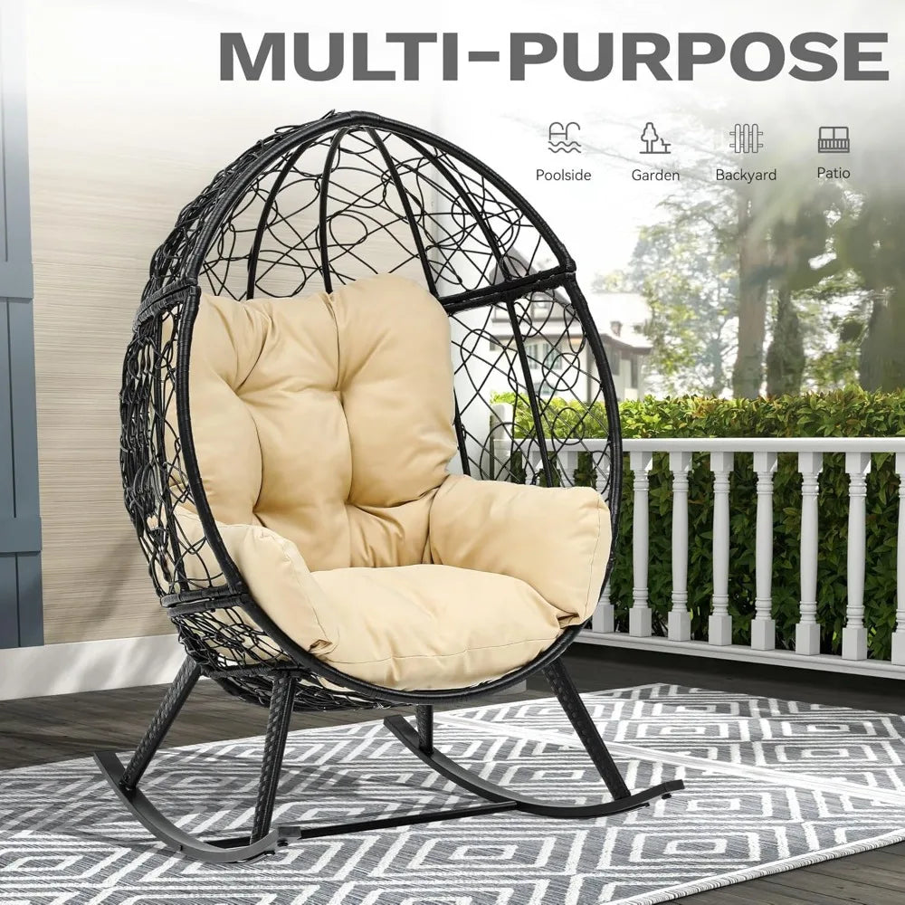 Wicker Rocking Egg Chair Oversized Indoor Outdoor Rattan Rocking Chair Black Beige