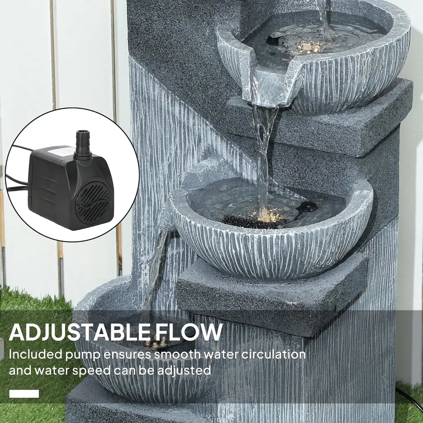 33.5 Inch Tall Outdoor Water Fountain 4 Tier Floor Standing Resin Cascading Bowls Waterfall Fountain with LED Lights and Pump for Garden Patio Backyard