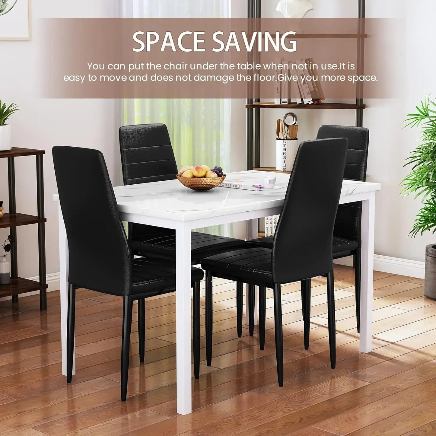 5 Piece Dining Table Set for 4 with Faux Marble Top and Leather Upholstered Chairs