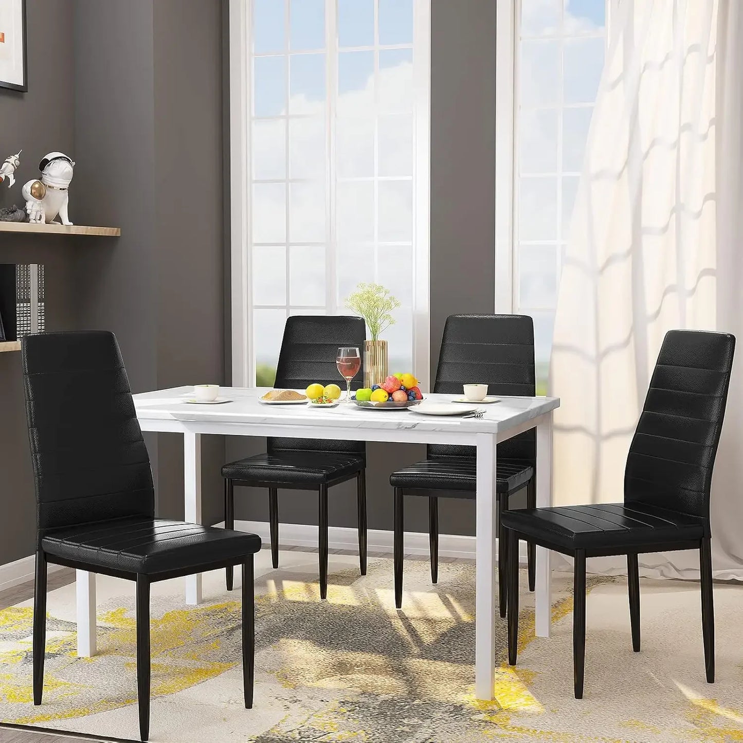 5 Piece Dining Table Set for 4 with Faux Marble Top and Leather Upholstered Chairs