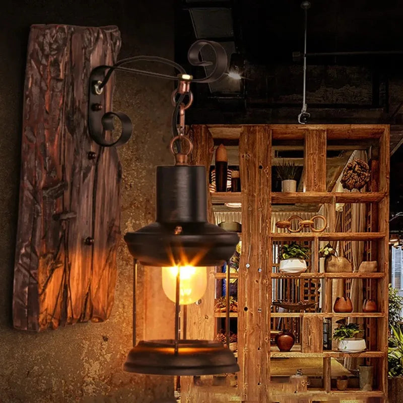 Antique New Style Industrial Wood Wall Sconce Light Rustic Wall Lamp