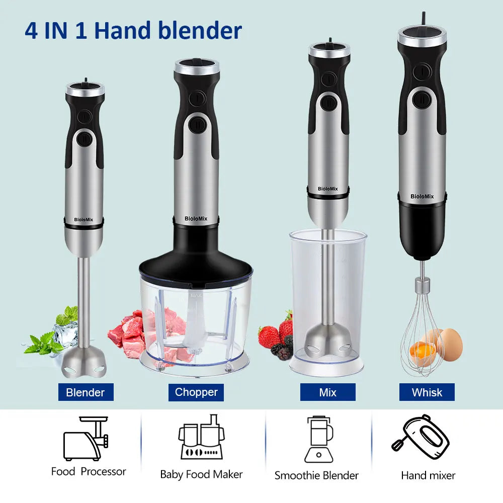 1200W 5-in-1 Immersion Hand Stick Blender Mixer Vegetable Meat Grinder 800ml Chopper Whisk 600ml Smoothie Cup