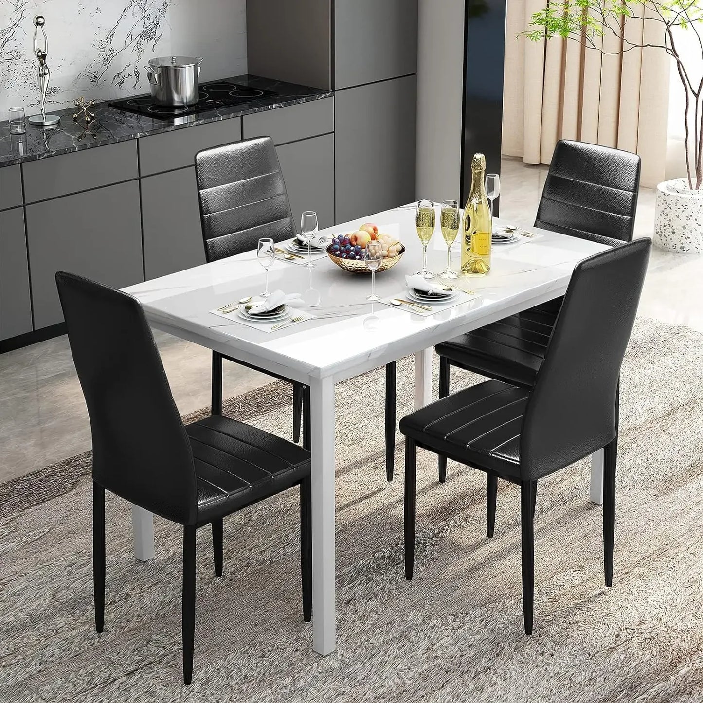 5 Piece Dining Table Set for 4 with Faux Marble Top and Leather Upholstered Chairs