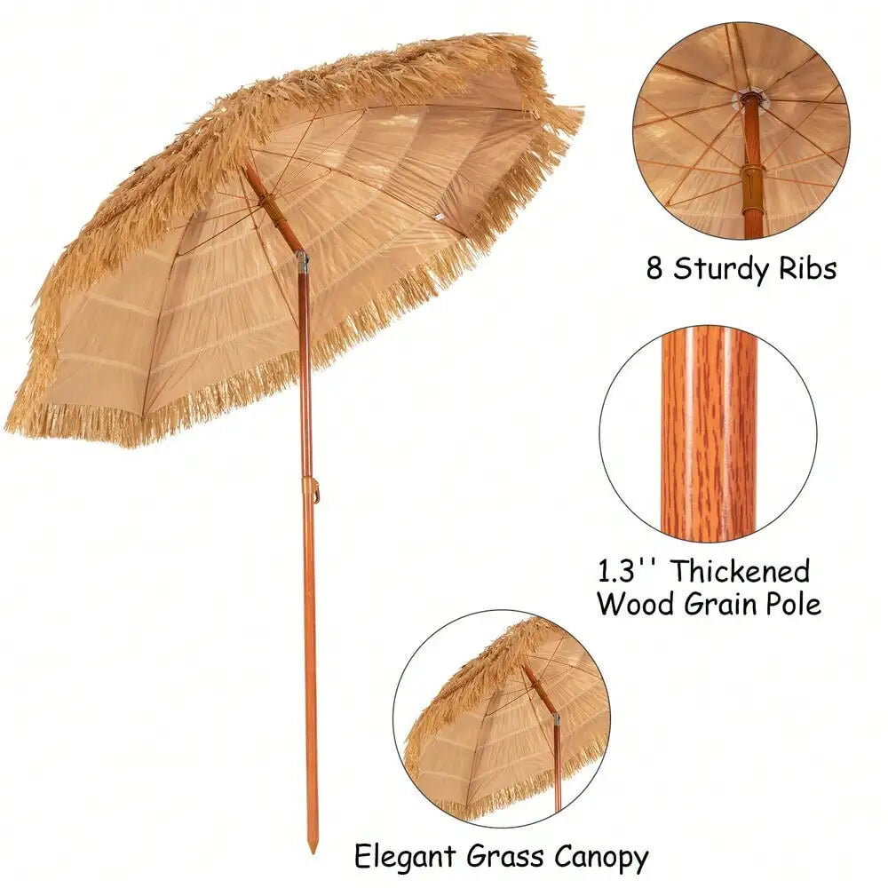 6.5 FT Thatched Beach Umbrella Tilt Tiki Hawaiian Portable