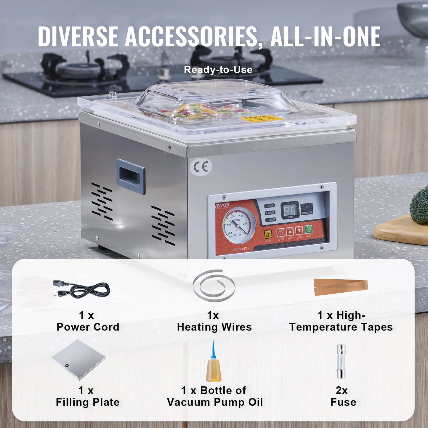VEVOR DZ-260A Chamber Vacuum Sealer with 15.7 Inch Sealing Length for Home Wet Foods Meats and Marinades