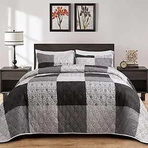California King Bedding Set: Oversized 128x120 Patchwork Plaid Grey and Black Coverlet with 2 Pillow Shams