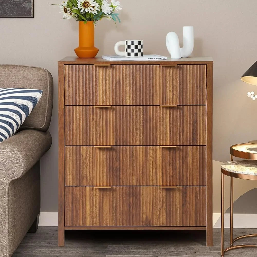 Mid-Century 4 Drawers Bedside Nightstand in Walnut Finish