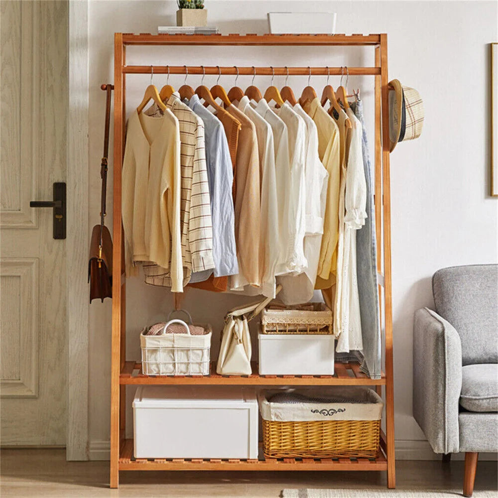 Bamboo Clothes Rail Rack With Ladder Rails And Shoe Storage