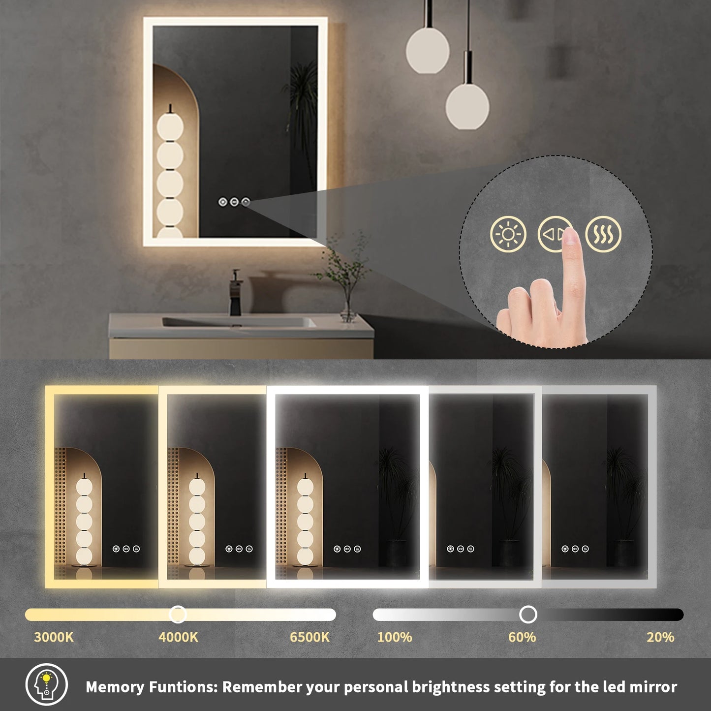 16x20 Inch LED Lighted Bathroom Mirror with Anti-Fog Feature