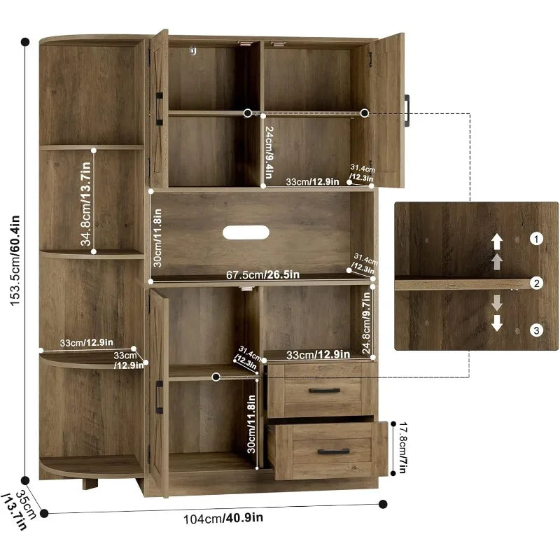 60.4" Farmhouse Kitchen Pantry Storage Cabinet, Freestanding Hutch With Doors & Shelves