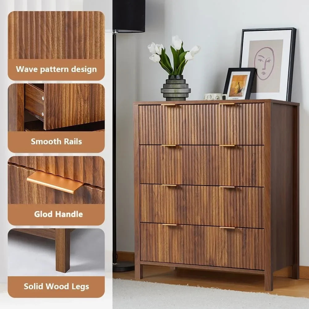 Mid-Century 4 Drawers Bedside Nightstand in Walnut Finish