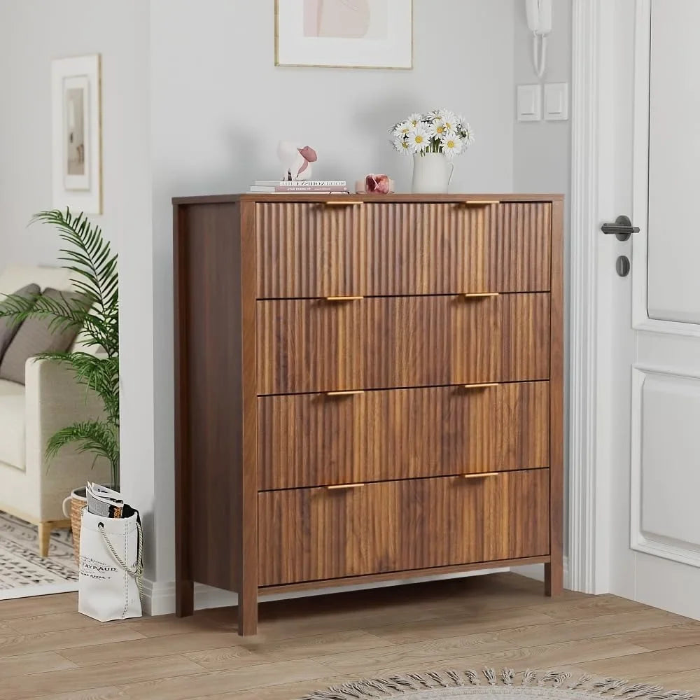 Mid-Century 4 Drawers Bedside Nightstand in Walnut Finish