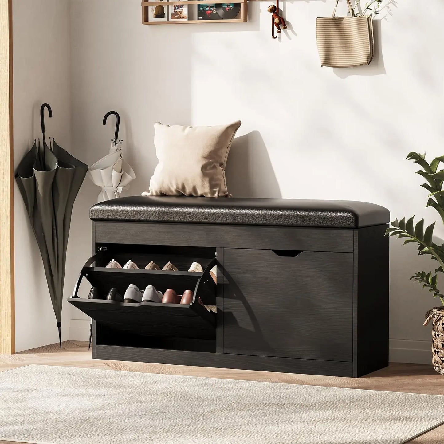 40 Inch Shoe Storage Bench With Two Flip Drawers And Padded Seat