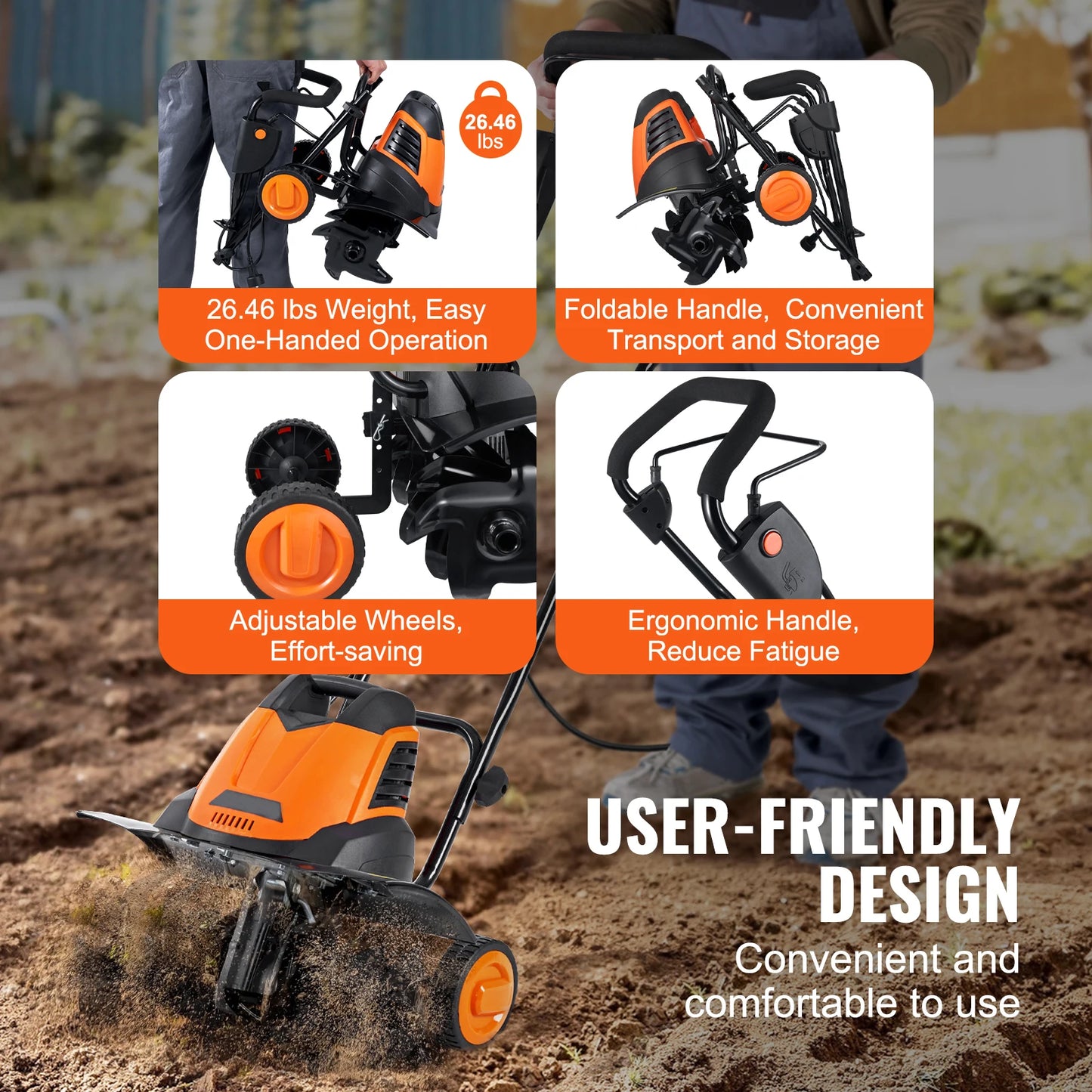 12 Amp Electric Tiller 18 Inch Tilling Width 3.94 Inch Tilling Depth Corded Cultivator