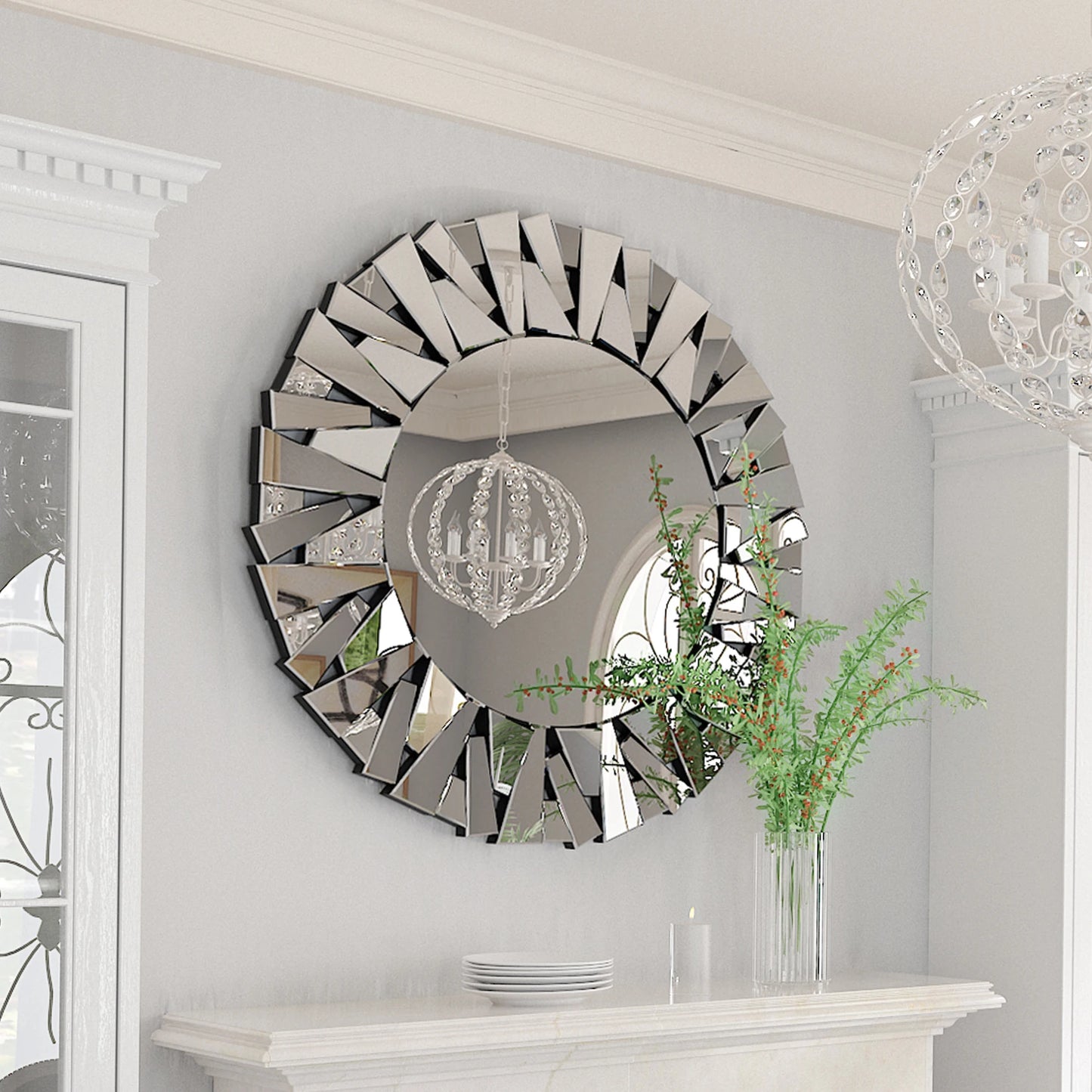 32 Inch Decorative Round Wall Mirror, Sunburst Modern Silver