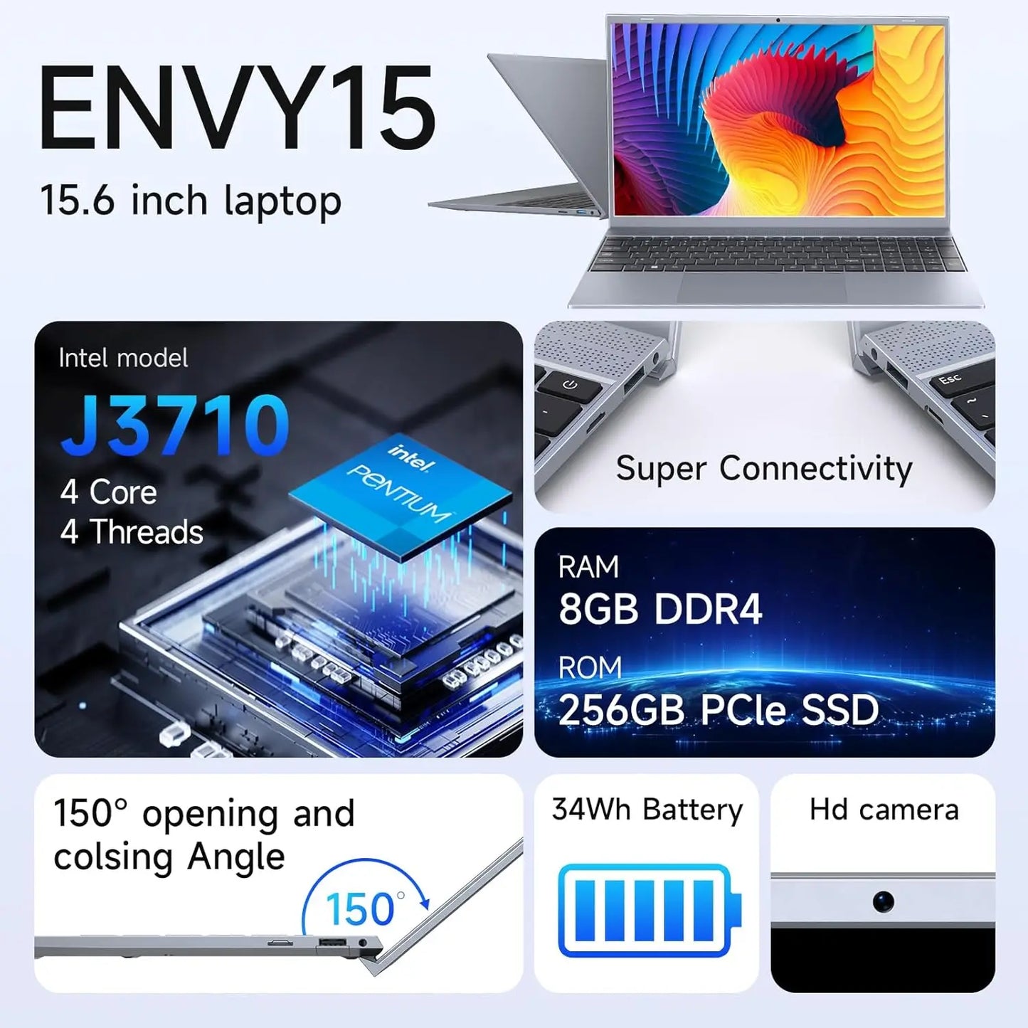 15.6 Inch Laptop J3710 8GB RAM 256GB SSD Windows 11 for Students and Business