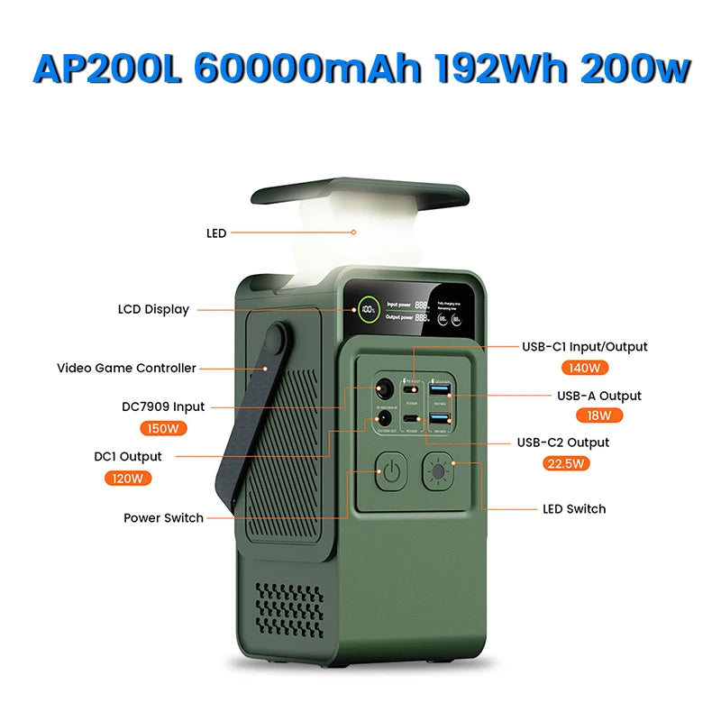 Ctolity AP200L 200W Power Bank 192Wh Lifepo4 Battery 60000mAh Solar Generator Portable Power Station with LED Light