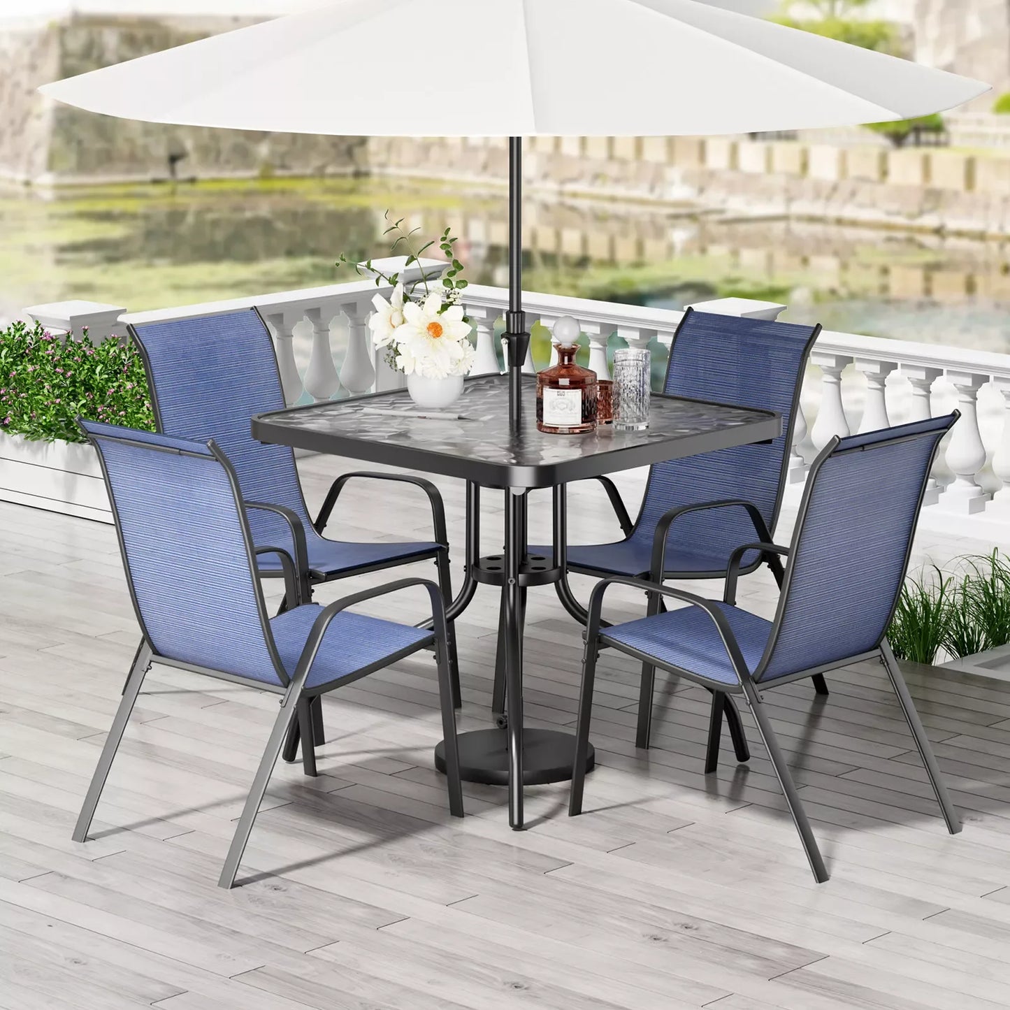 Patio Dining Set 5 Pieces With 30x30 Table And 4 Stackable Textilene Chairs