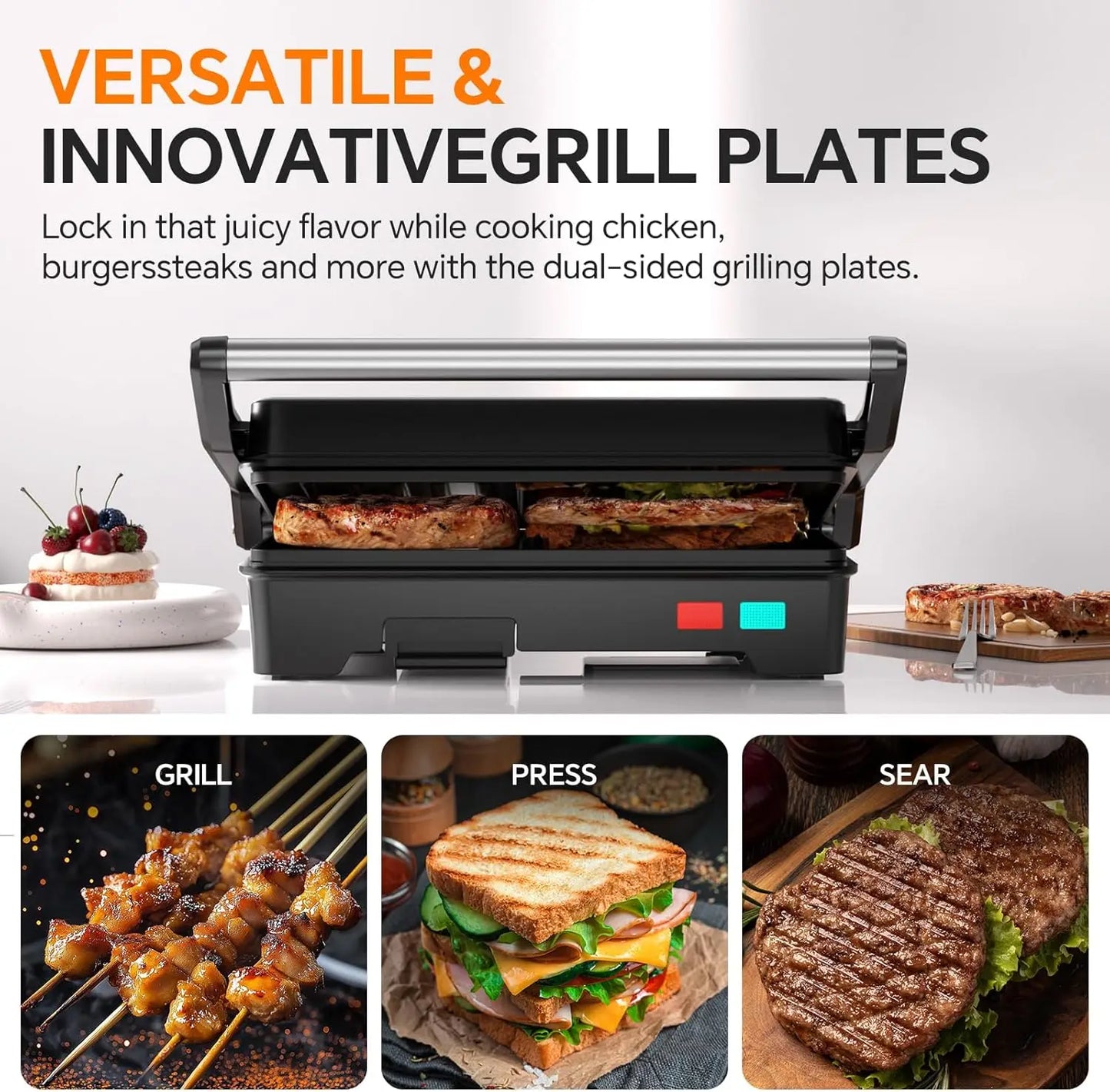 Panini Grill 1000W Sandwich Maker With Nonstick Plates Opens 180 Degrees